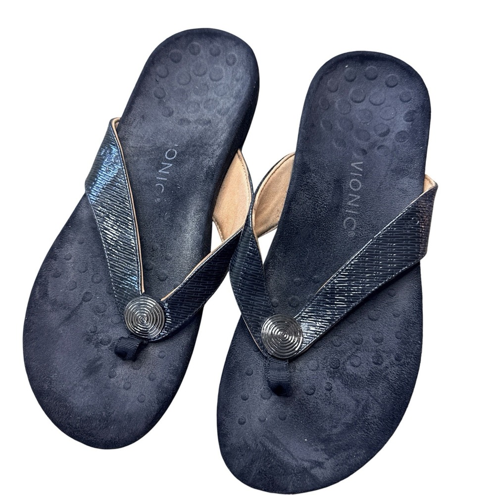 Vionic Hilda Wave Black Orthotic Thong Sandals Silver Medallion Women's Size 9.5